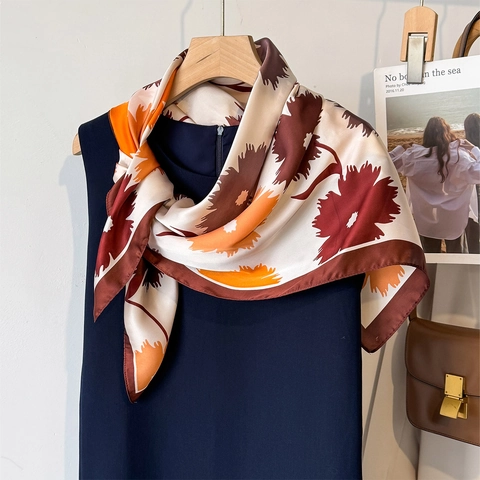 Floral Print Square Scarf Elegant Satin Feeling Satin Headscarf Versatile Sun Protection Shawl For Women