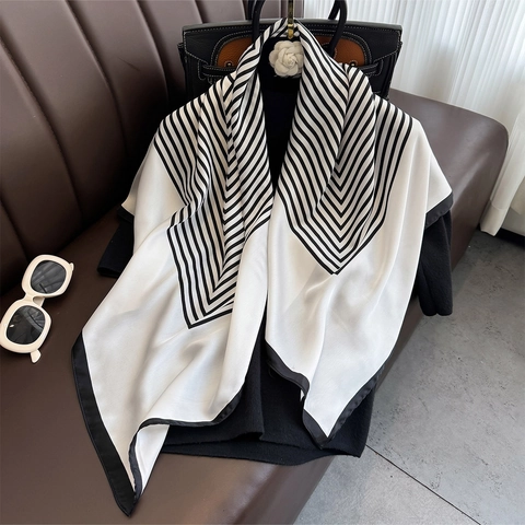 Elegant Faux Satin Satin Square Scarf Black White Geometric Stripe Print Thin Versatile Head Neck Shawl For Women