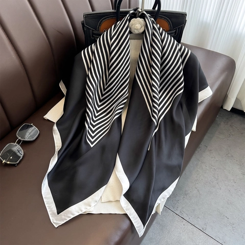 Elegant Faux Satin Satin Square Scarf Black White Geometric Stripe Print Thin Versatile Head Neck Shawl For Women