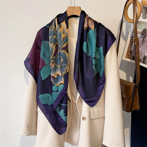 Satin Satin Like Square Scarf Lotus Flower Print Elegant Shawl For Women Large Fashion Accessory Hair Head Wrap