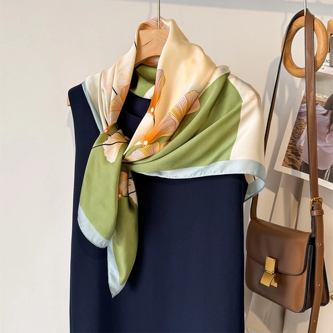 Square Scarf Faux Satin Satin Ginkgo Leaf Print Large Elegant Versatile Neck Head Wrap For Women Accessory