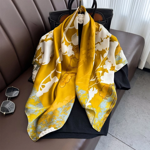 Elegant Ginger Yellow Floral Print Satin Square Scarf For Women Faux Silk Head Scarf Handkerchief Neck Accessory Vintage Decorative Scarf