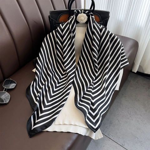 Black White Geometric Stripe Square Scarf Satin Satin Feel Shawl Minimalist Elegant Headscarf Wrap Fashion Accessory For Women