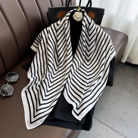 Black White Geometric Stripe Square Scarf Satin Satin Feel Shawl Minimalist Elegant Headscarf Wrap Fashion Accessory For Women