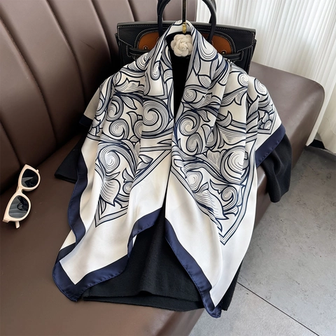 Elegant Baroque Floral Print Square Scarf Satin Polyester Neck Wrap Accessory Luxury Style For Professional Women