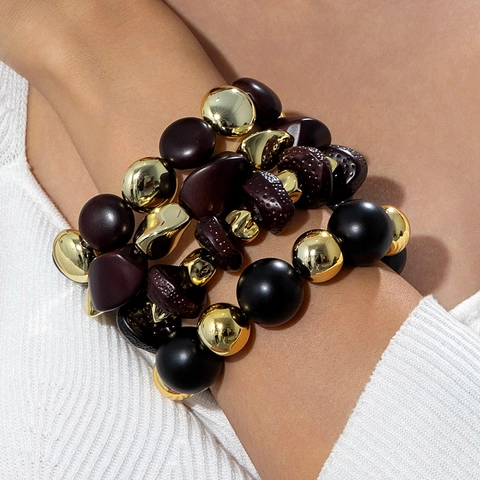 Vintage Beaded Bracelet Men Elastic Textured Acrylic Wood Like Resin Alloy Beads Ethnic Boho Style Unisex Jewelry