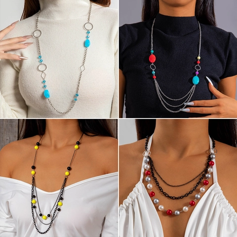 Bohemian Long Layered Beaded Sweater Chain Iron Alloy Resin Colorful Stone Necklace For Women Fashion Dopamine Jewelry Gift