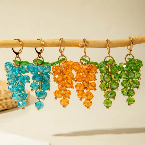 Handmade Grape Dangle Earrings Colorful Multifaceted Glass Beads Fruit Shape With Green Leaf Fresh Sweet Jewelry For Women