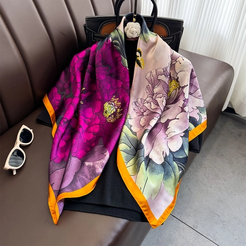 Vintage Floral Print Square Scarf Elegant Peony Pattern Satin Headscarf With Contrast Border For Women