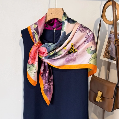 Vintage Floral Print Square Scarf Elegant Peony Pattern Satin Headscarf With Contrast Border For Women