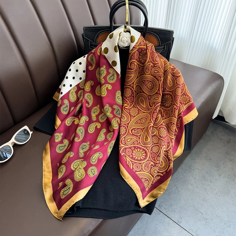 Großes Quadratisches Halstuch Satin Polyester Paisley Punktmuster Patchwork Silidig Elegant Retro Haar Kopf Deko Damen