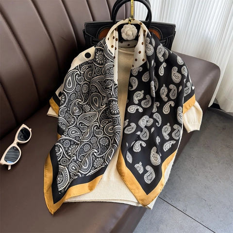 Großes Quadratisches Halstuch Satin Polyester Paisley Punktmuster Patchwork Silidig Elegant Retro Haar Kopf Deko Damen