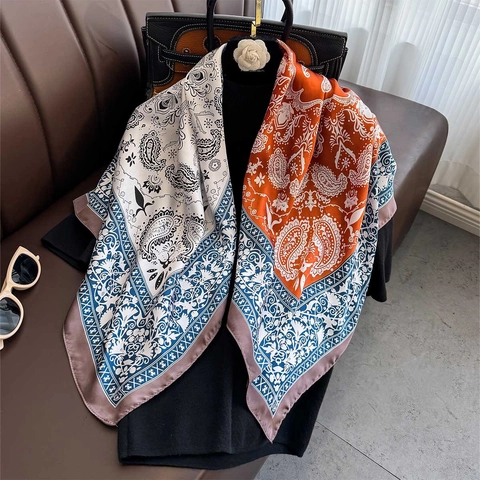 Paisley Print Square Satin Scarf Patchwork Satin Neckerchief For Women Retro Elegant Decorative Headscarf Hair Scarf Shawl