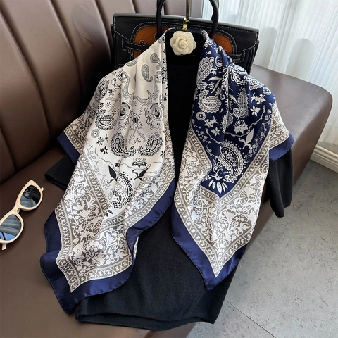 Paisley Print Square Satin Scarf Patchwork Satin Neckerchief For Women Retro Elegant Decorative Headscarf Hair Scarf Shawl