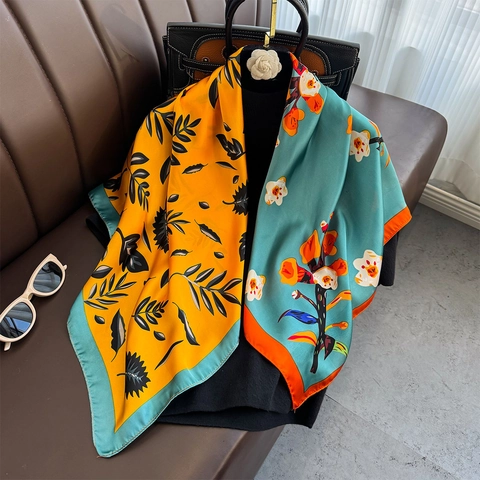 Modischer Bedruckter Satin Quadratischer Schal Damen Eleganter Blumen Blatt Simulations Satin Großer Schal Stirnband Hals Accessoire