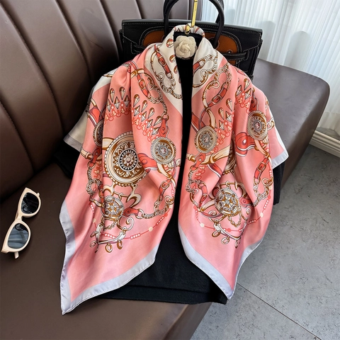 Eleganter Retro Kettendruck Satin Quadratischer Schal Für Damen Großer Polyester Satinnartiger Mode Halstuch