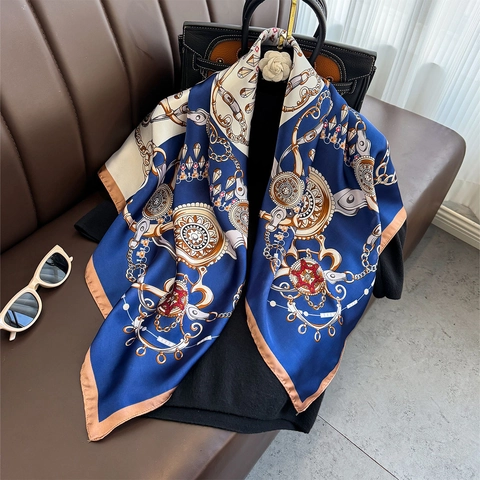 Eleganter Retro Kettendruck Satin Quadratischer Schal Für Damen Großer Polyester Satinnartiger Mode Halstuch