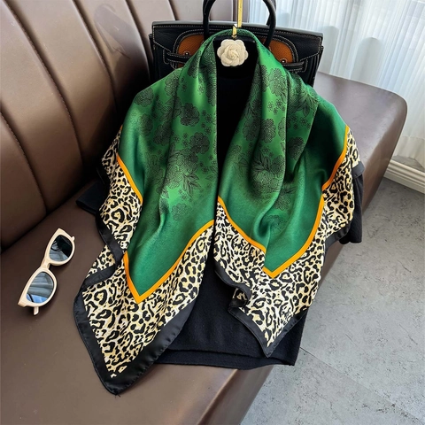Fashion Square Scarf Floral Print Leopard Border Smooth Polyester Satin Elegant Headband Wrap For Women