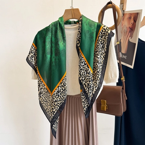 Fashion Square Scarf Floral Print Leopard Border Smooth Polyester Satin Elegant Headband Wrap For Women