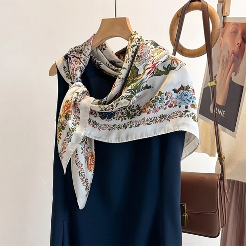 Sciarpa Quadrata Da Donna Raso Artificiale Stampa Fiori Uccelli Scialle Satinato Elegante Versatile Accessorio Decorativo
