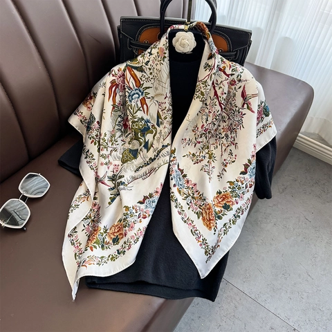 Sciarpa Quadrata Da Donna Raso Artificiale Stampa Fiori Uccelli Scialle Satinato Elegante Versatile Accessorio Decorativo