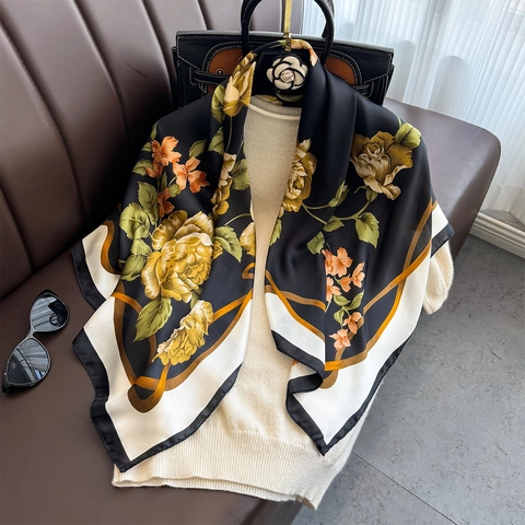 Elegant Floral Print Square Scarf Retro Satin Polyester Neckerchief Lightweight Sun Protection Shawl For Women
