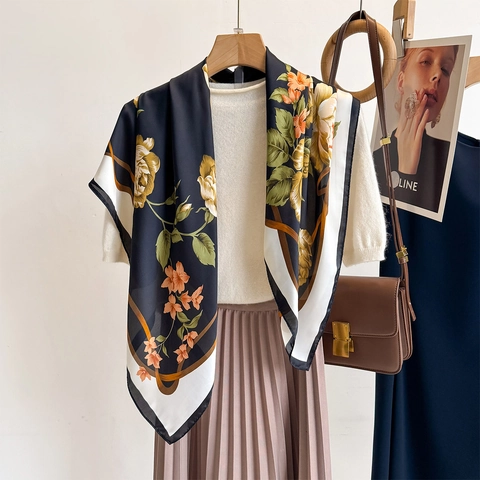 Elegant Floral Print Square Scarf Retro Satin Polyester Neckerchief Lightweight Sun Protection Shawl For Women