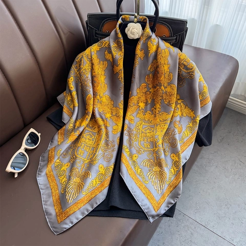 Vintage Baroque Print Satin Square Scarf Satin Like Floral Pattern Sun Protection Versatile Elegant Fashion Shawl For Women