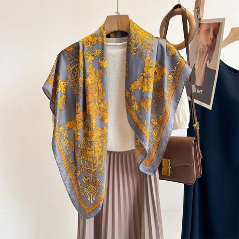 Vintage Baroque Print Satin Square Scarf Satin Like Floral Pattern Sun Protection Versatile Elegant Fashion Shawl For Women