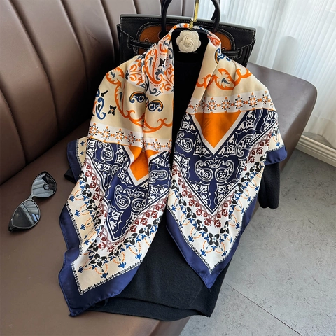 Vintage Retro Print Vierkante Sjaal Satijn Polyester Zacht Elegant Paisley Bloemen Halssjaal Hoofdwikkel Accessoire Dames