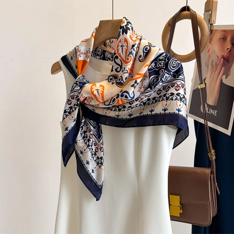Vintage Retro Print Vierkante Sjaal Satijn Polyester Zacht Elegant Paisley Bloemen Halssjaal Hoofdwikkel Accessoire Dames