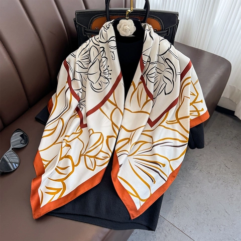 Large Square Scarf Floral Print Polyester Satin Like Satin Shawl Elegant Neck Head Wrap Sun Protection Versatile For Women