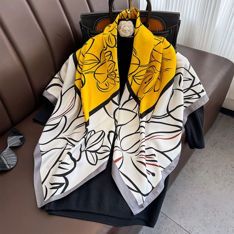 Large Square Scarf Floral Print Polyester Satin Like Satin Shawl Elegant Neck Head Wrap Sun Protection Versatile For Women