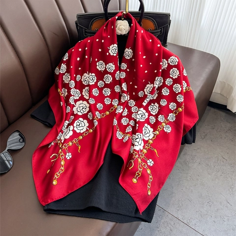 Elegant Square Polyester Twill Satin Feeling Scarf Women Floral Rose Chain Polka Dot Print Retro Fashion Head Wrap Shawl Accessory