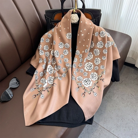 Elegant Square Polyester Twill Satin Feeling Scarf Women Floral Rose Chain Polka Dot Print Retro Fashion Head Wrap Shawl Accessory