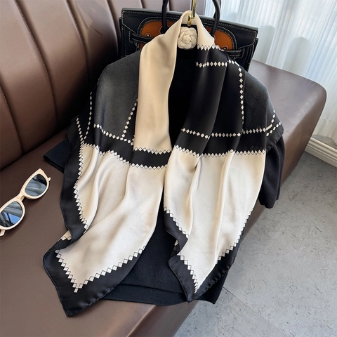 Elegant Square Scarf Satin Polyester Geometric Floral Print Professional Office Neck Wrap For Women Fashionable Accessory