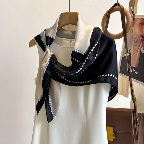 Elegant Square Scarf Satin Polyester Geometric Floral Print Professional Office Neck Wrap For Women Fashionable Accessory