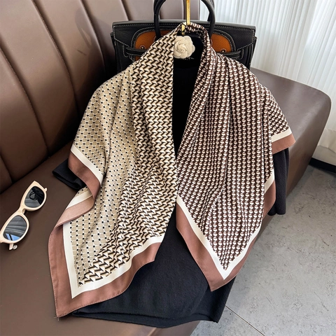 Elegant Geometric Pattern Satin Square Scarf For Women Soft Versatile Fashion Large Headscarf Neck Scarf For Travel Office