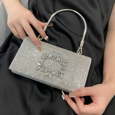 Lussuosa Borsa da Sera in Strass per Donna Pochette Luccicante Con Manico ad Anello in Metallo e Catena Rimovibile per Matrimonio Festa Banchetto