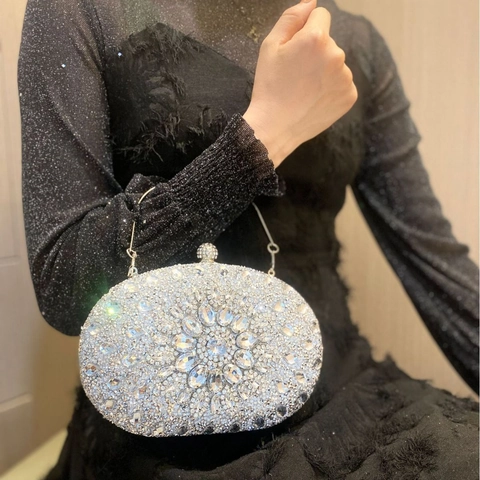 Elegant Women Rhinestone Evening Clutch Bag Oval Shell Shape Sparkling Crystal Handbag For Wedding Party Banquet Luxury