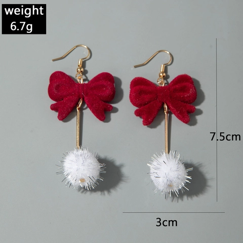 Flocking Bowknot Pom Pom Drop Earrings Alloy Imitation Artificial Pearl Heart Flower Winter Christmas Aesthetic Jewelry For Women