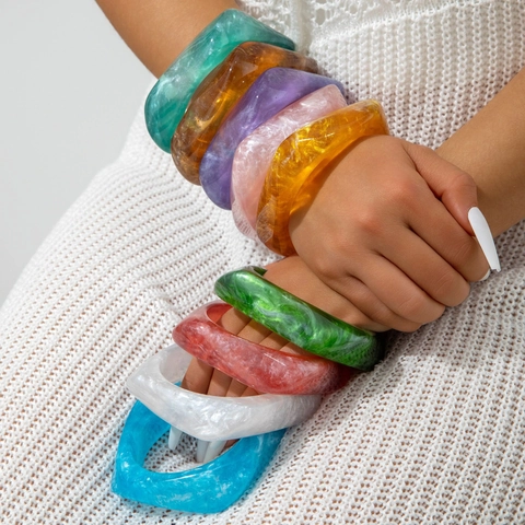 Brazalete de Resina con Patrón de Mármol con Purpurina Transparente Moda Occidental Geométrico Cuadrado Redondo Joyería Mujer