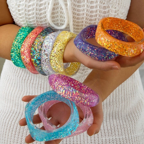 Bracciale Rigido In Resina Glitterata Colorata Per Donna Quadrato Geometrico Trasparente Con Paillettes Accessori Moda