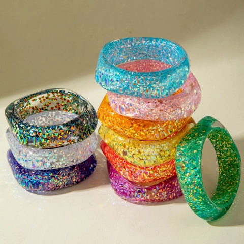 Bracciale Rigido In Resina Glitterata Colorata Per Donna Quadrato Geometrico Trasparente Con Paillettes Accessori Moda