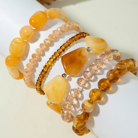 Bohemian Beaded Bracelets For Men Retro Stackable Resin Glass Irregular Beads Elastic Ethnic Style Amber Color