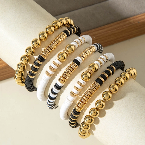 Bohemian Mehrlagiges Perlenarmband Set Legierung Vergoldet Polymer Ton Heishi Perlen Harz Stapelbar Elastischer Schmuck Damen