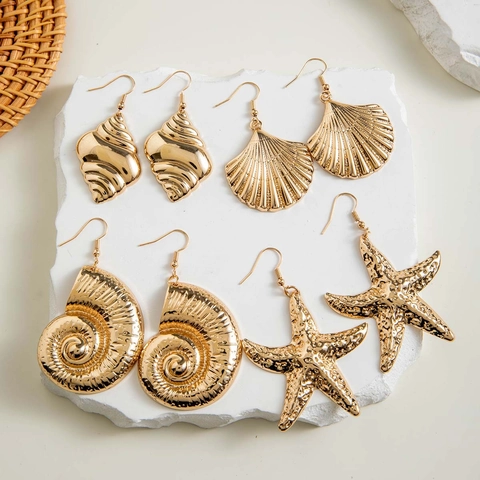 Orecchini Pendenti Tema Oceano Lega Oro Stella Marina Conchiglia Nautilus Stile Spiaggia Estate Gioielli Donna