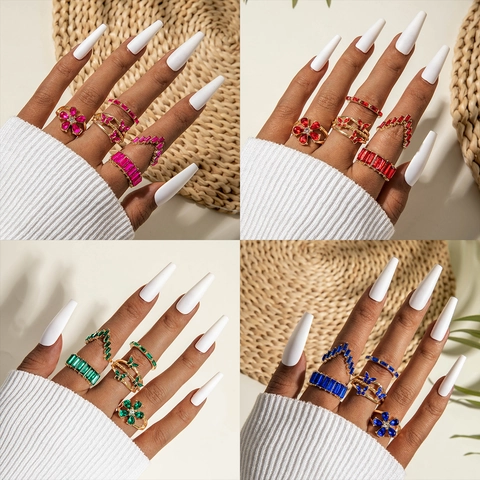 Women Alloy Rings Colorful Rhinestone Inlaid Flower Butterfly Hollow Out Boho Vintage Geometric Elegant Jewelry Accessories
