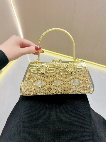 Borsa da Sera in Strass Vintage Lussuosa da Donna Oro Argento Nero Floreale Manico in Metallo Scatola Clutch per Matrimonio Festa Banchetto