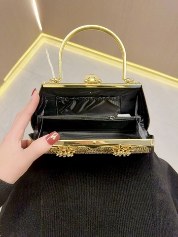 Borsa da Sera in Strass Vintage Lussuosa da Donna Oro Argento Nero Floreale Manico in Metallo Scatola Clutch per Matrimonio Festa Banchetto